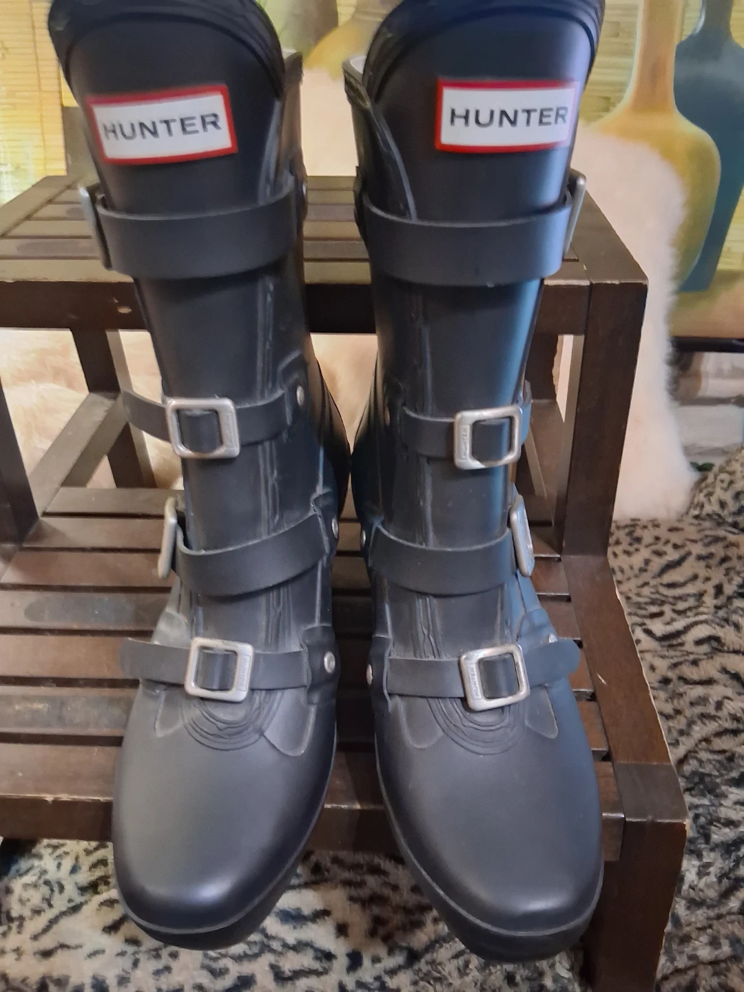 Hunter Black Rubber Wedge Buckle Boots - US 7