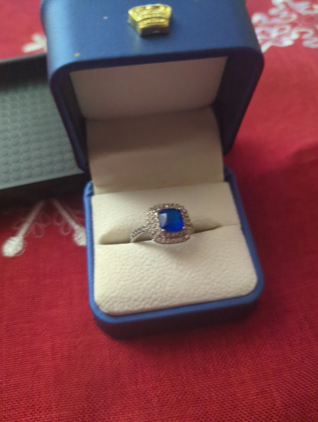 Princess Cut Blue Stone Ring with Accent Stones