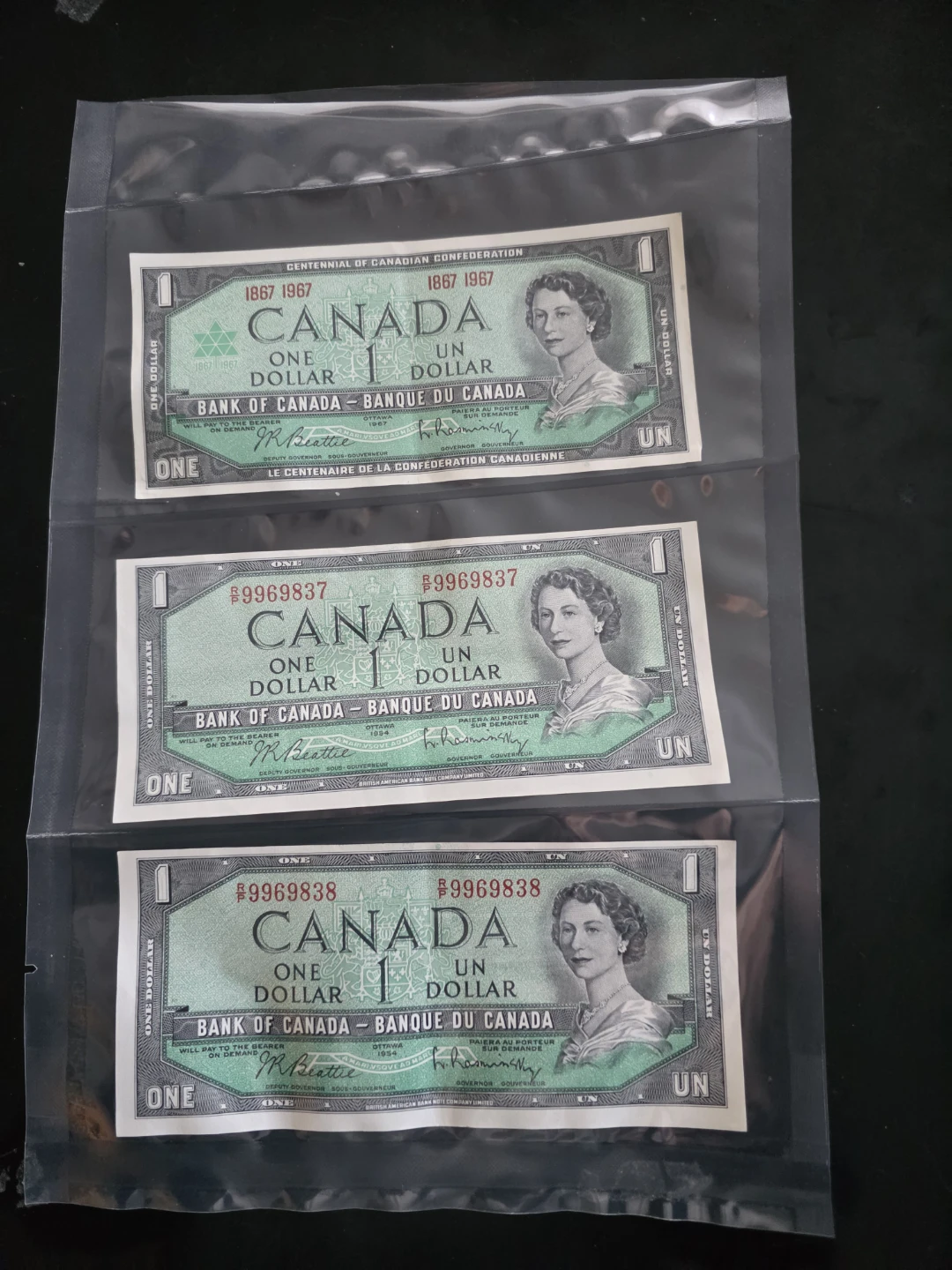 1954 x 2 and 1 1967 Canadian One Dollar Bill