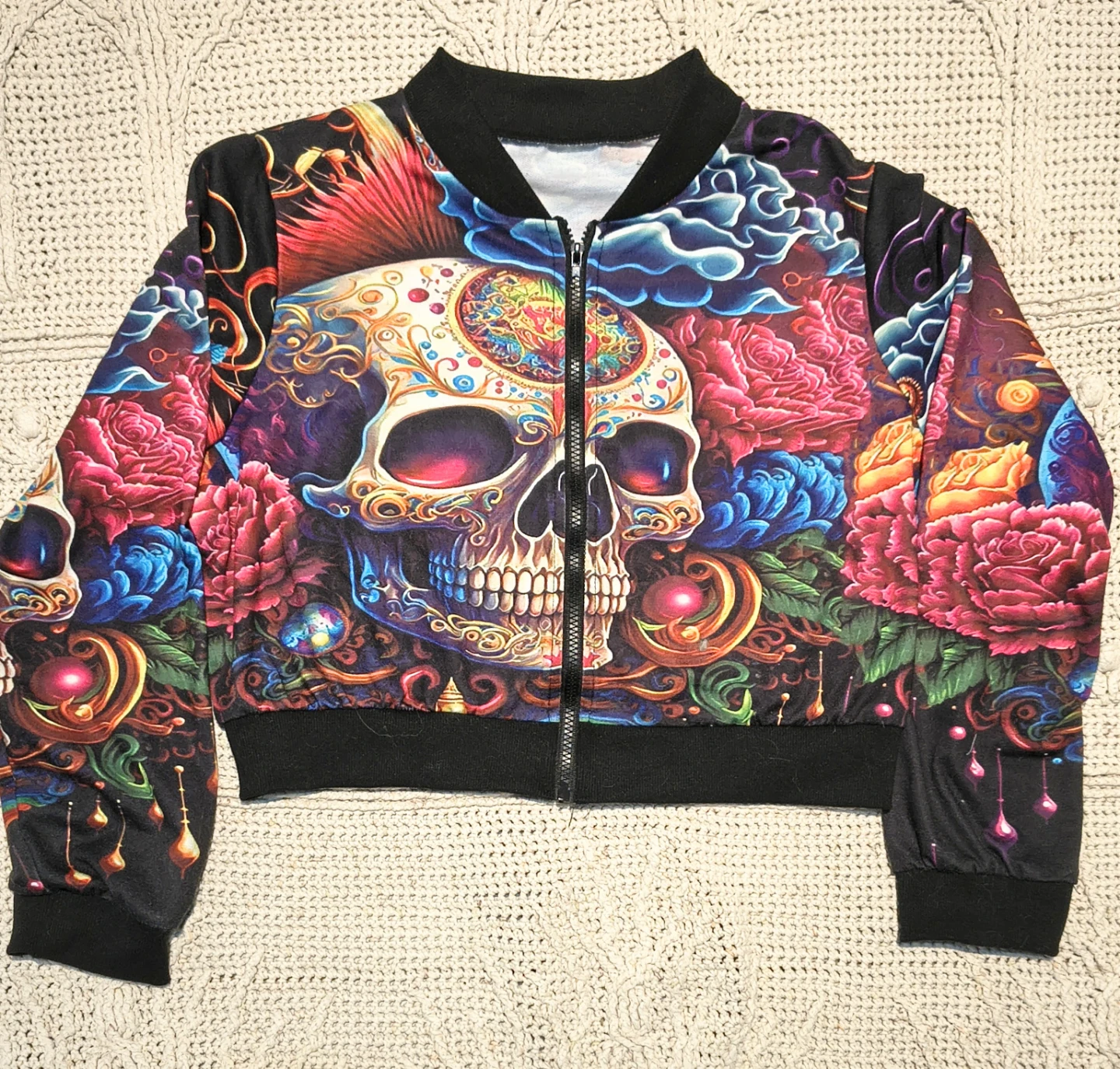 Skull and Floral Print crop zip up