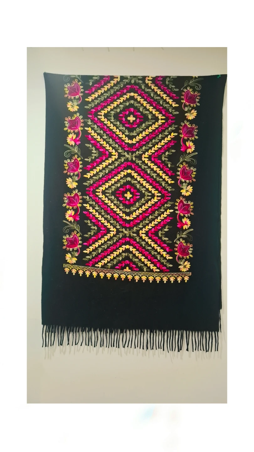 Embroidered Black Shawl with Tassels