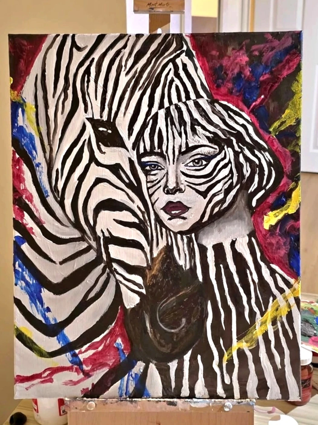 ZEBRA AND WOMAN ACRYLIC PAINTING