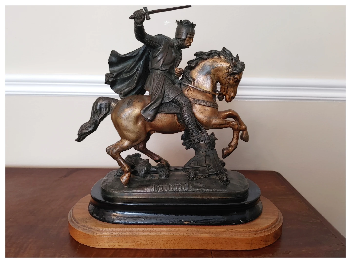 Antique King Richard Lionheart Metal Statue on Wooden Stand