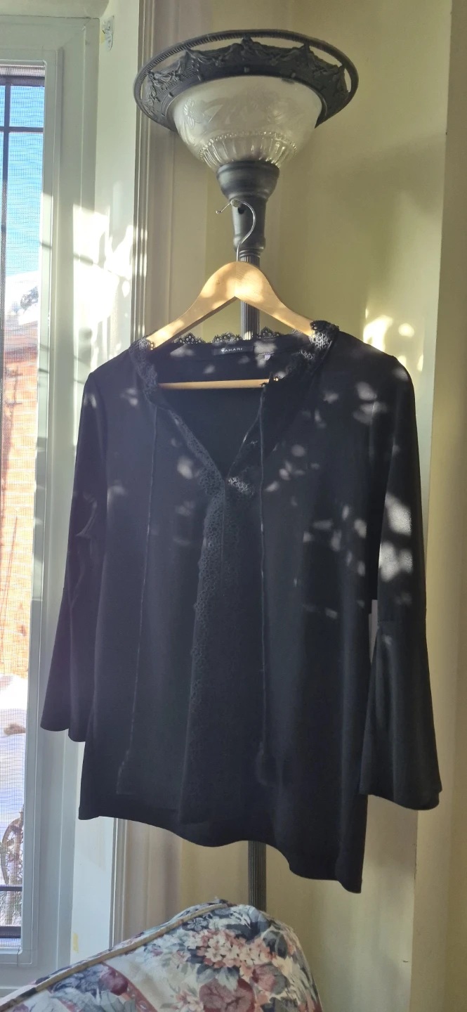 Tahari Black Bell Sleeve Lace Trim Top