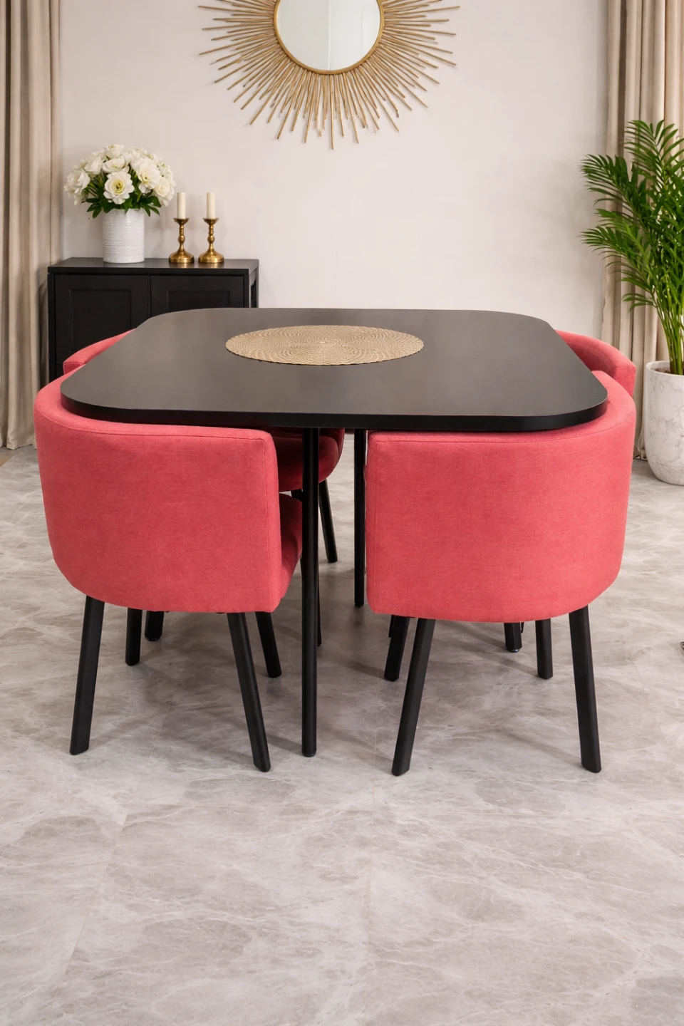 Dining Table Set - Black Table, Coral Chairs