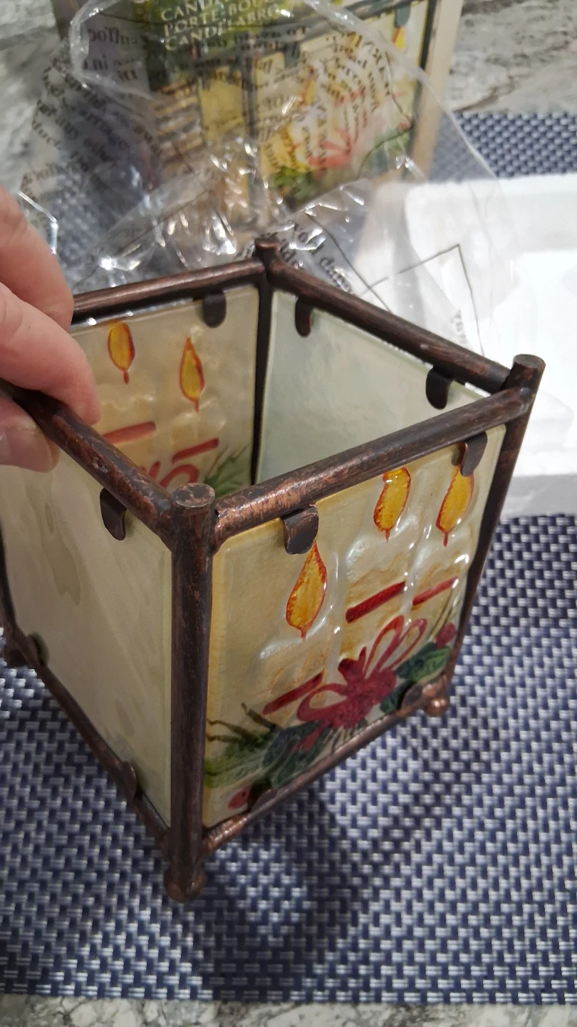 CANDLE.HOLDER, GLASS PANELS WITH METAL SUPPORT, NEW