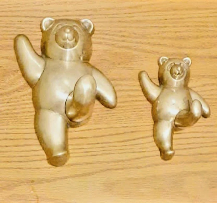 Handmade Pair of Solid Brass Hangers Bear & Daughter Figurine
