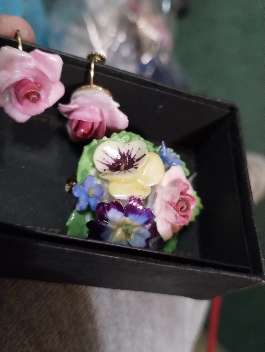 Porcelain Rose Flower Brooch and Earrings Set - Made in England