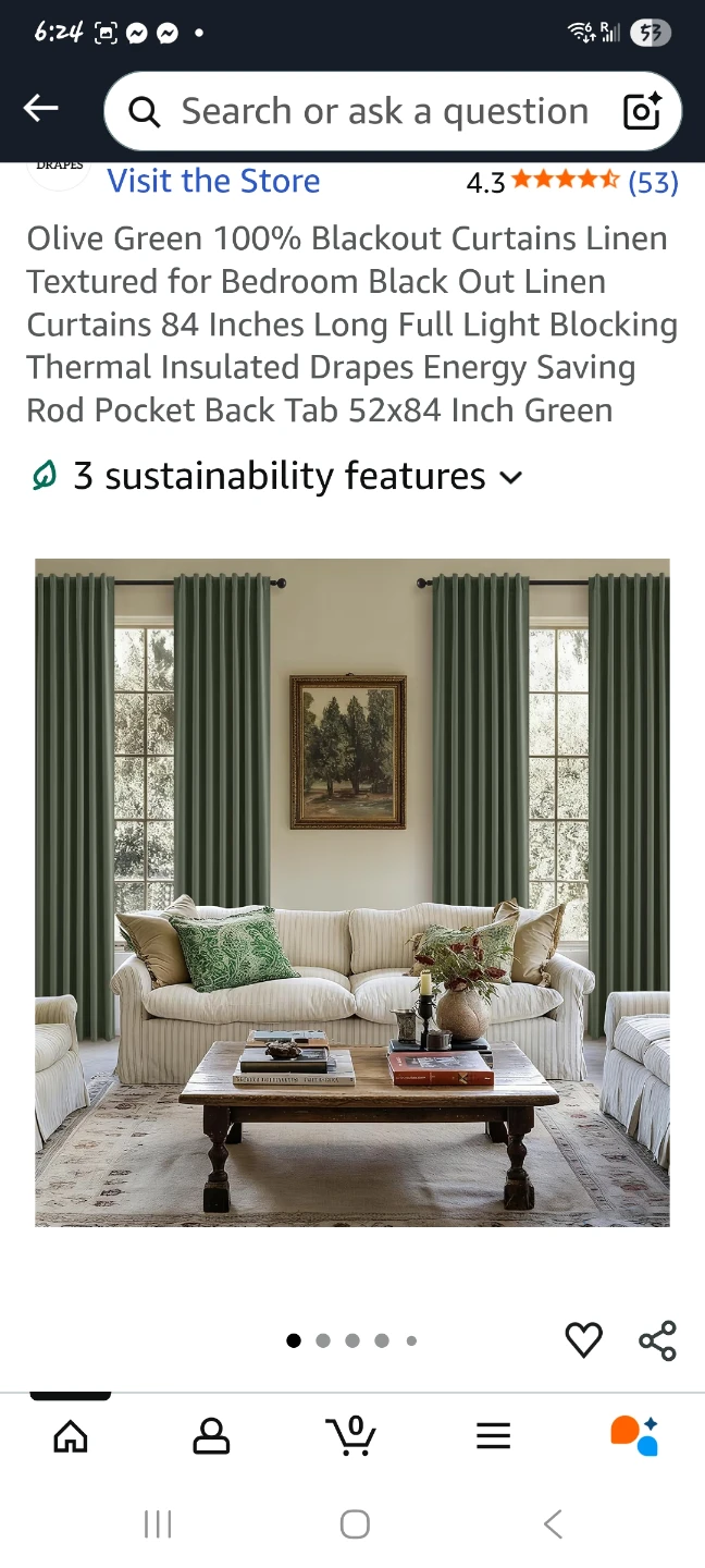 Olive Green 100% Blackout Curtains 52x84" -2 Panels