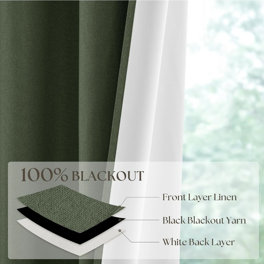 Olive Green 100% Blackout Curtains 52x84" -2 Panels - photo 3