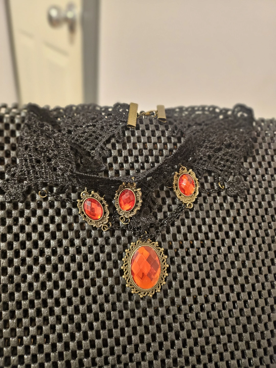 Gothic Black Lace Choker Necklace with Red Gemstones