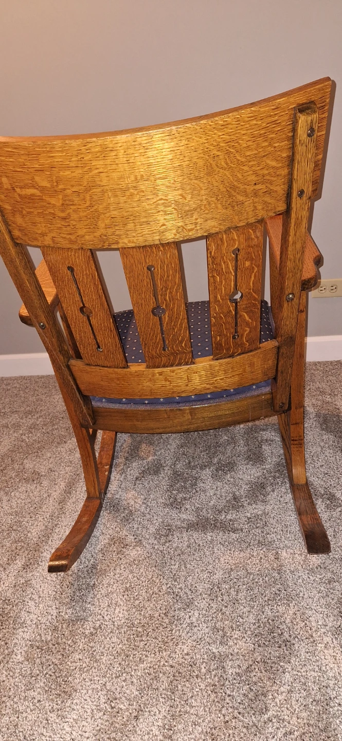 Antique Oak Rocking Chair with Blue Floral Cushion