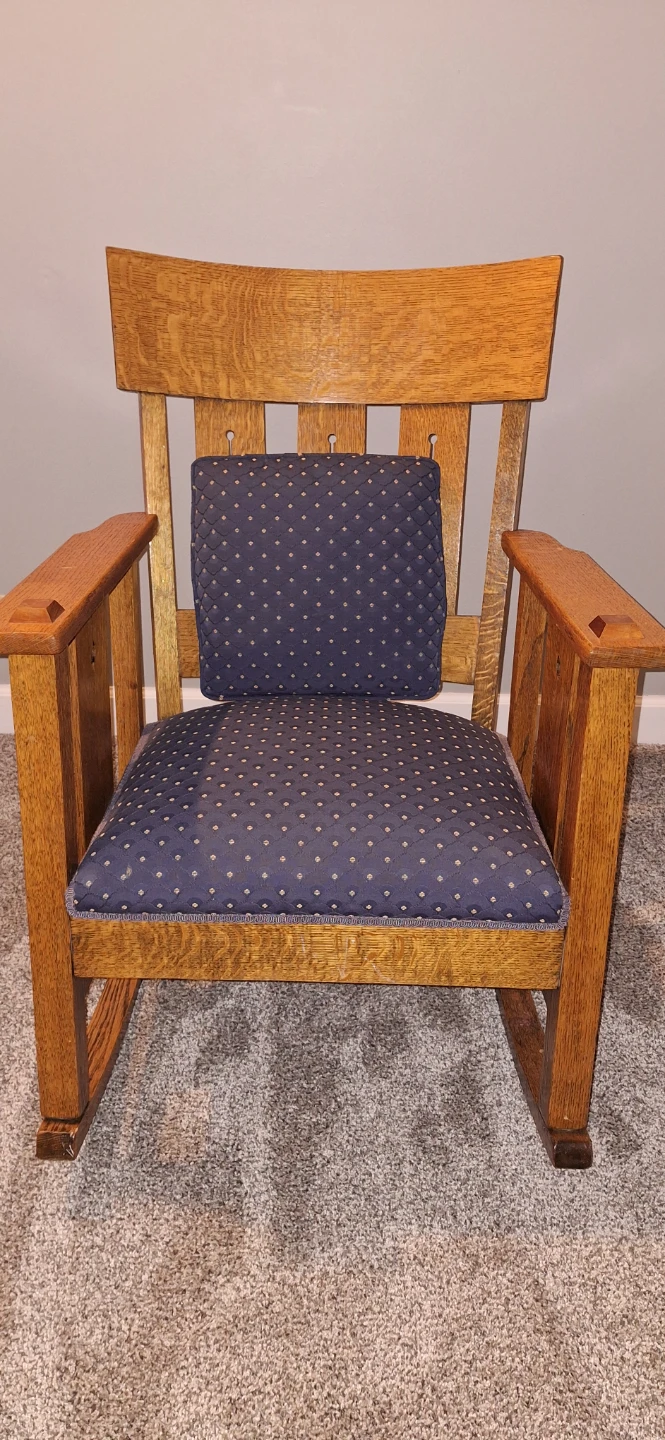 Antique Oak Rocking Chair with Blue Floral Cushion - photo 3