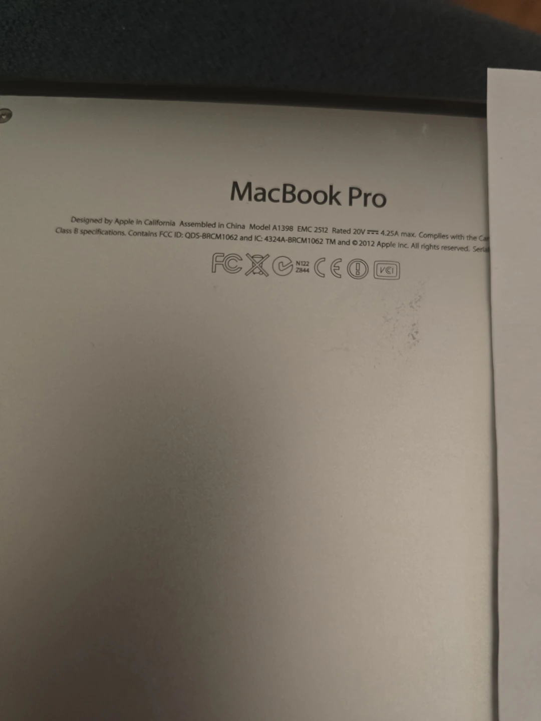 Apple MacBook Pro 15 inch Retina Display model A1398
