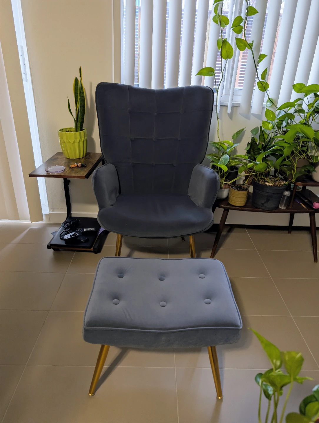 Grey Velvet Accent Chair with Ottoman