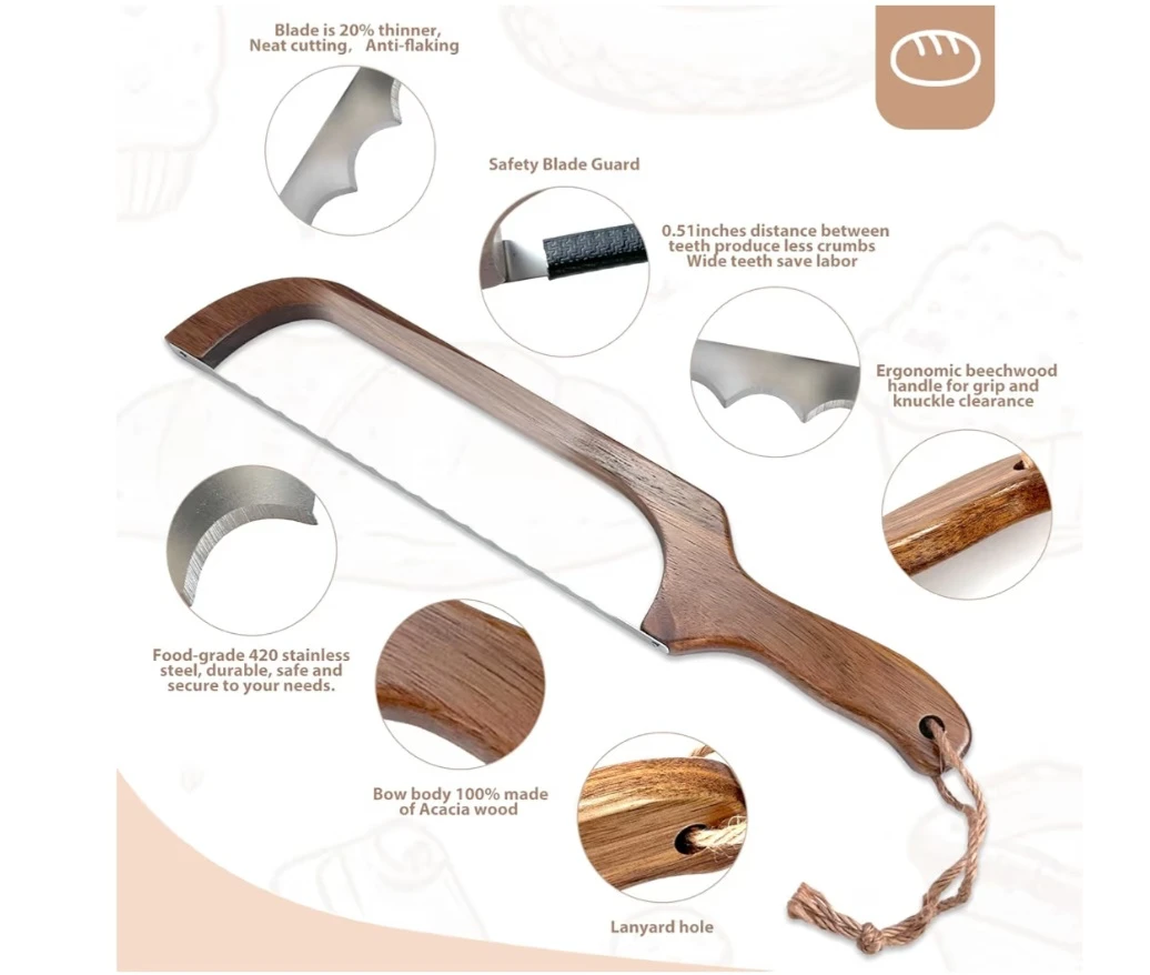 Bread Knife for Homemade Bread,Wooden Sourdough Bread Slicer - photo 4