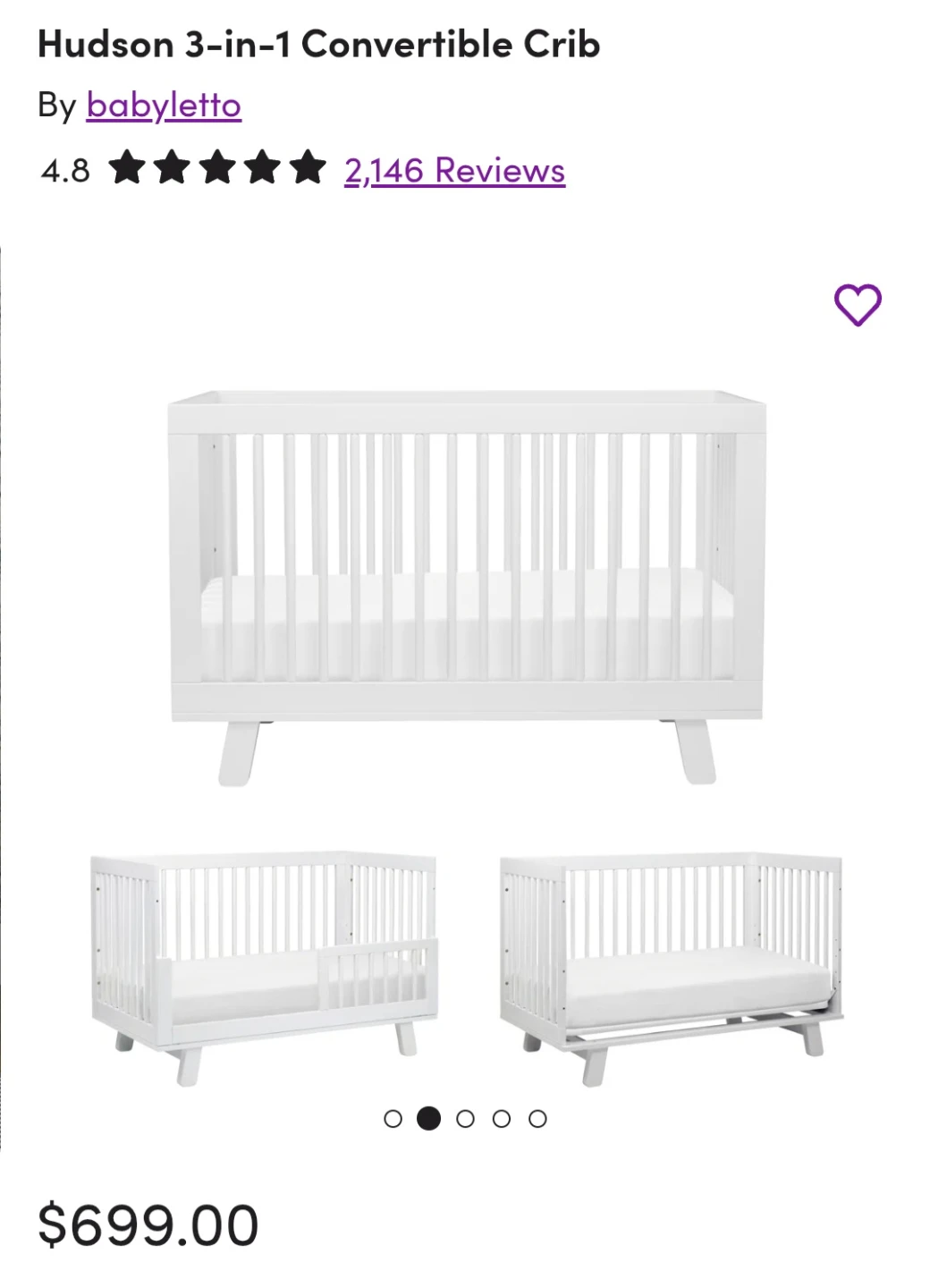 Babyletto Hudson 3-in-1 convertible crib + 5inch mattress - photo 2