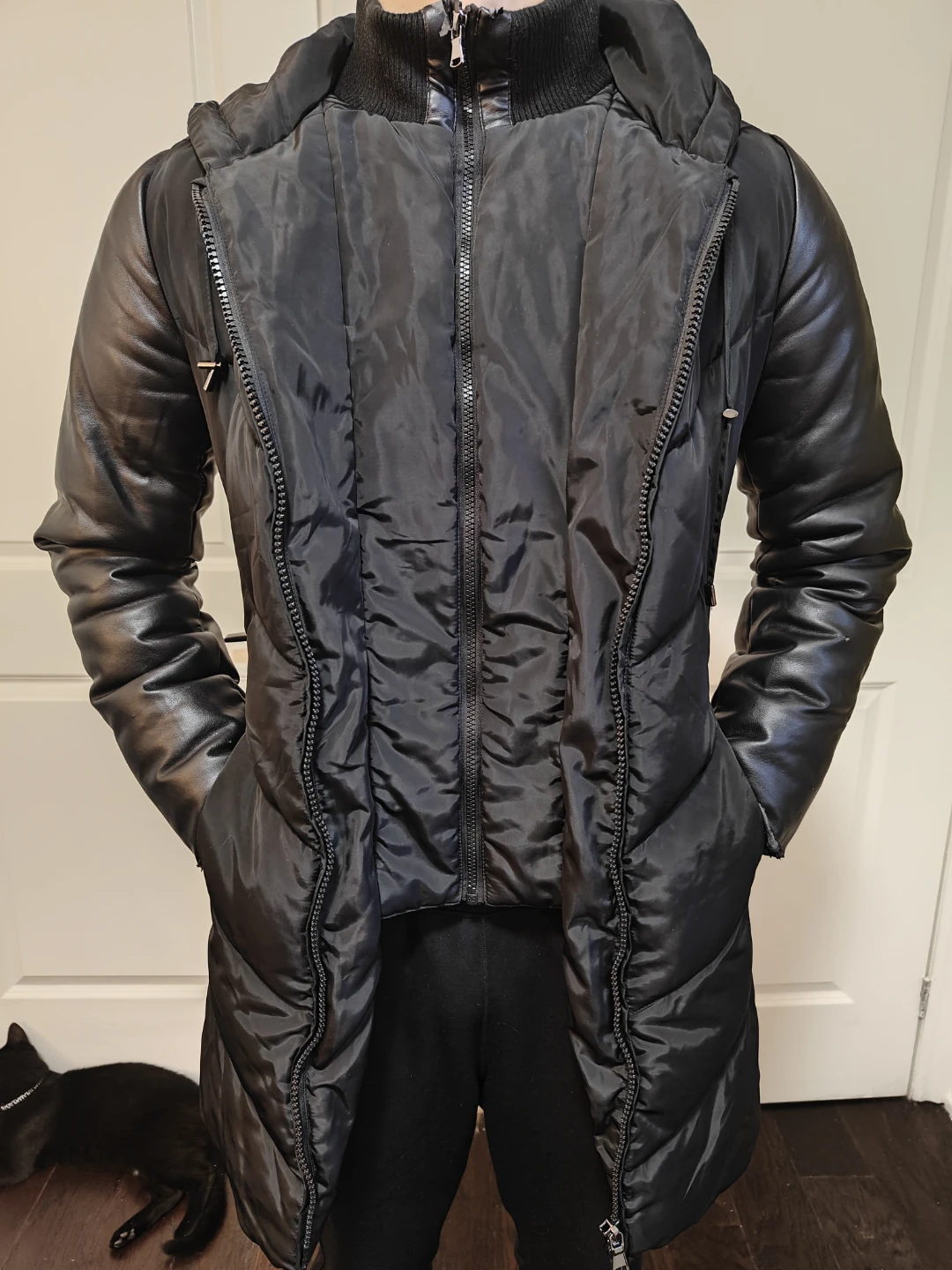 Black Puffer Coat with Faux Leather Sleeves - photo 2