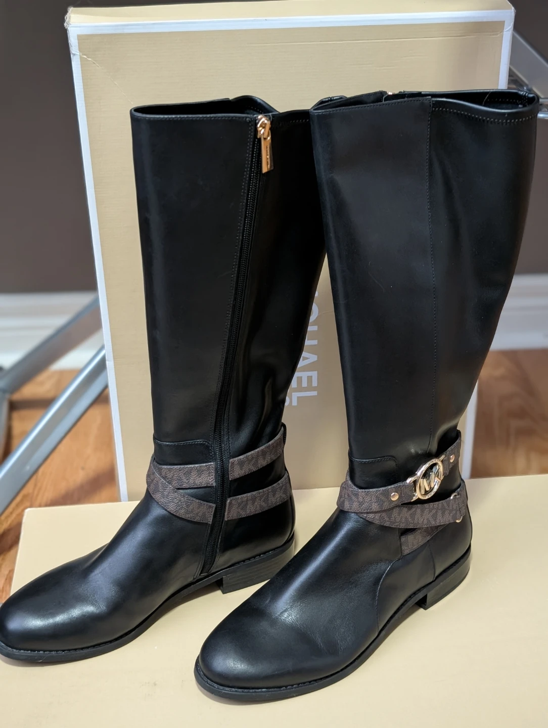 Michael Kors Black Leather Tall Boots with MK Signature Straps