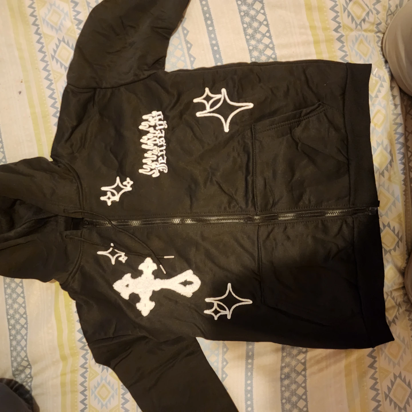 Black Zip-Up Hoodie with White Designs