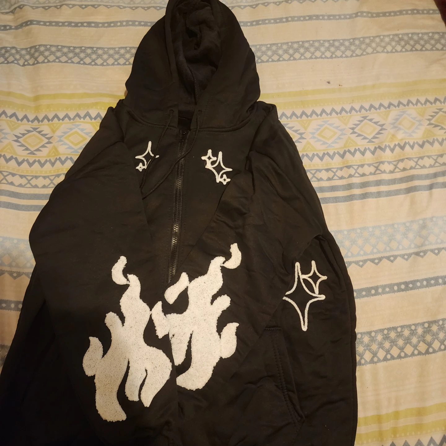Black Zip-Up Hoodie with White Designs - photo 2