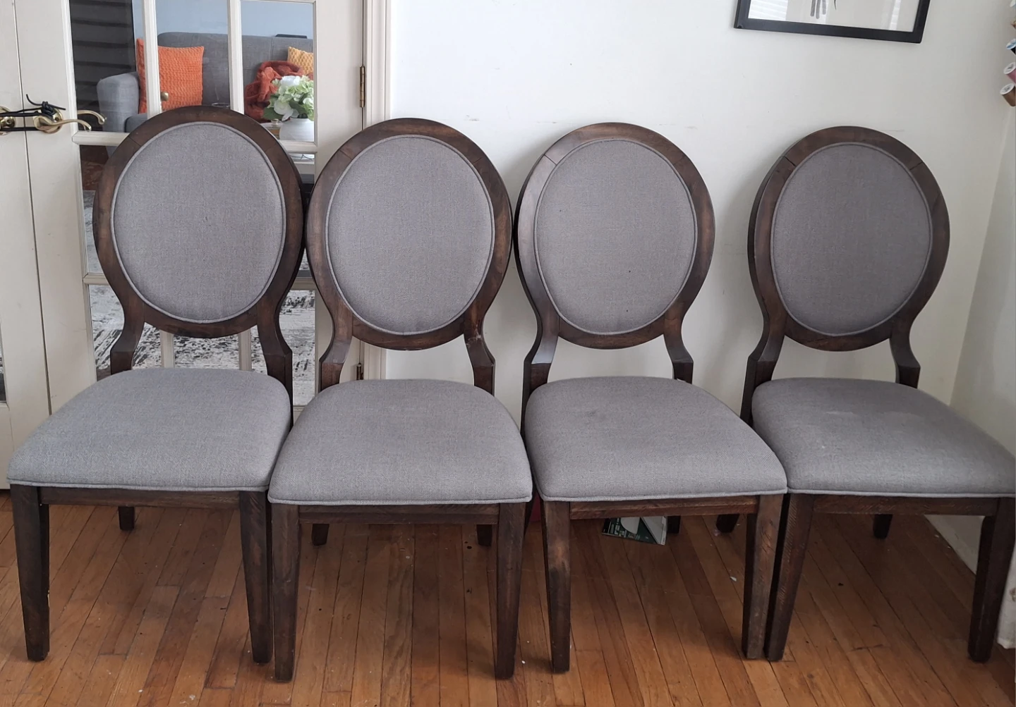 Set of 4 Upholstered Dining Chairs - Grey Fabric, Dark Wood