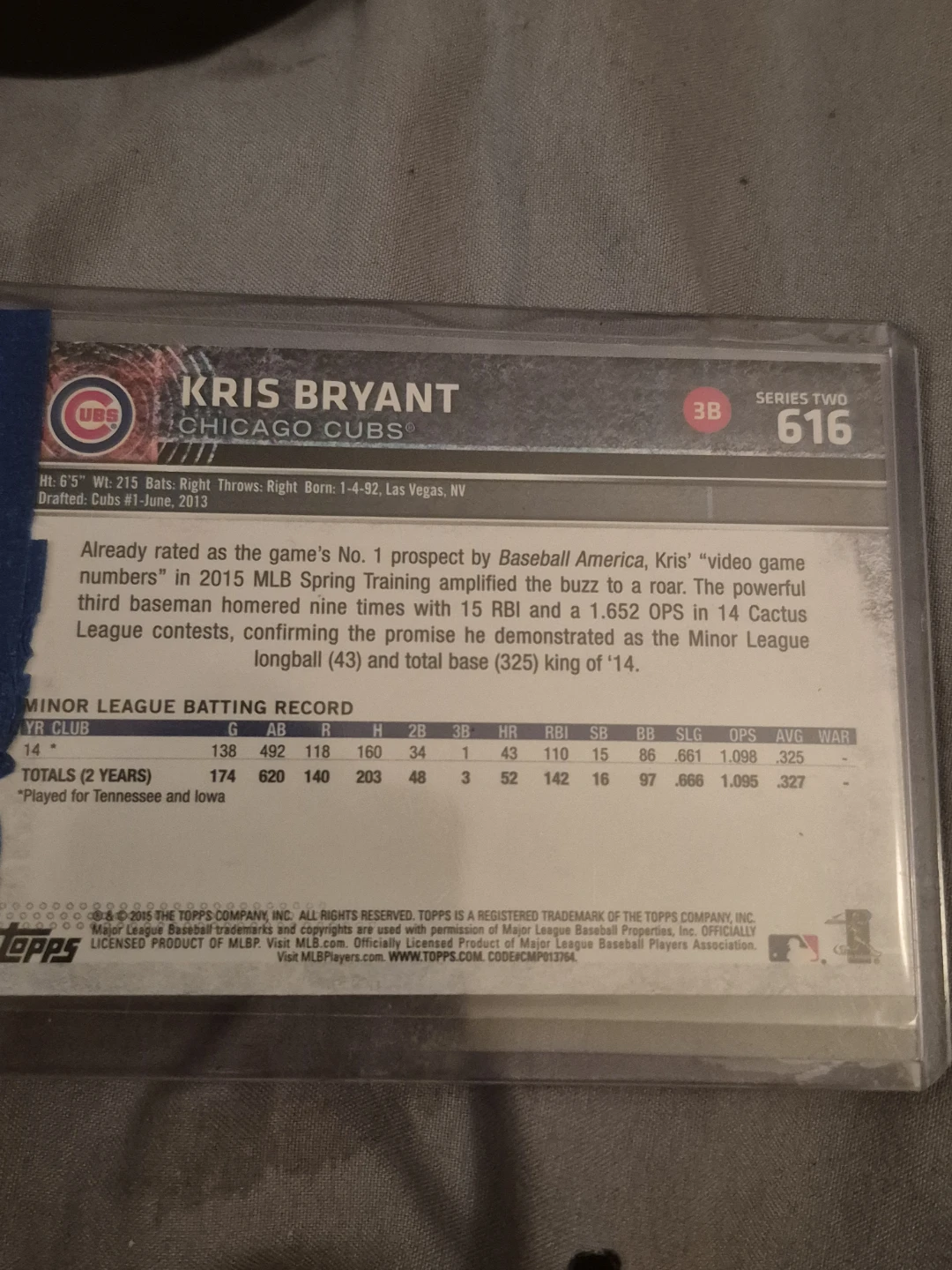 Kris Bryant Chicago Cubs Topps Rookie Card - photo 3