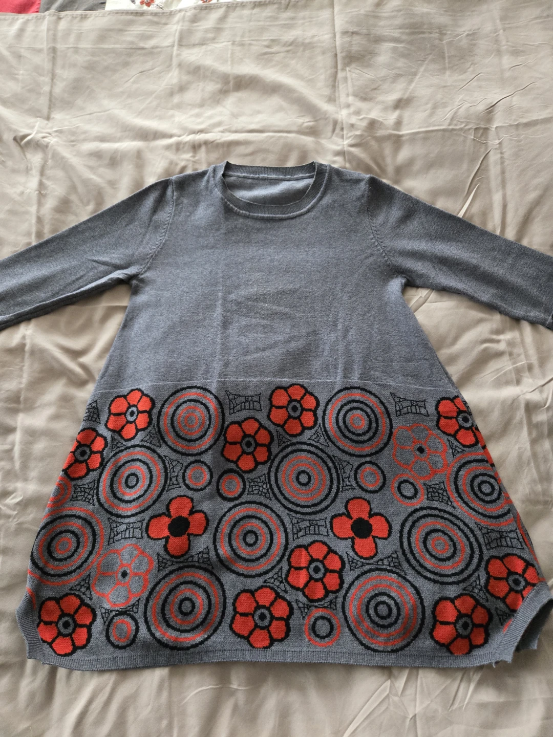 Grey Sweater Dress with Floral and Circle Pattern