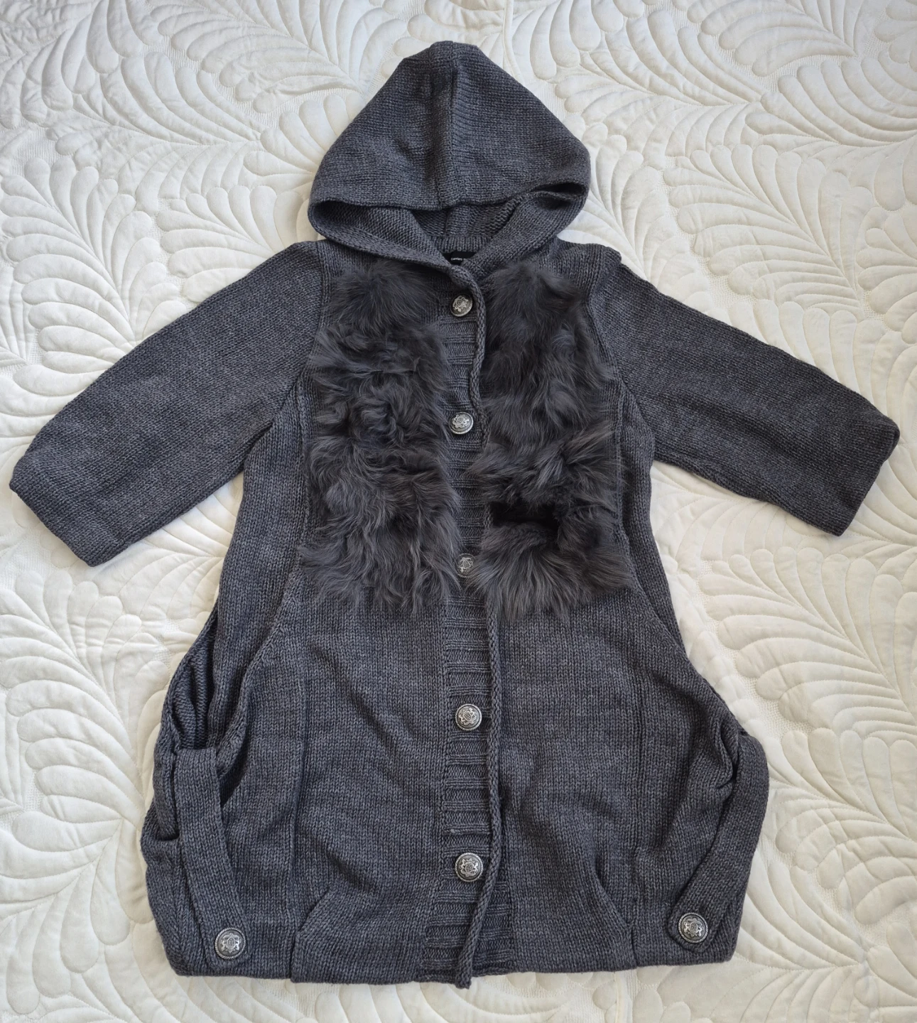Real Rabbit Fur Grey Knit Hooded Cardigan with  WOOL material