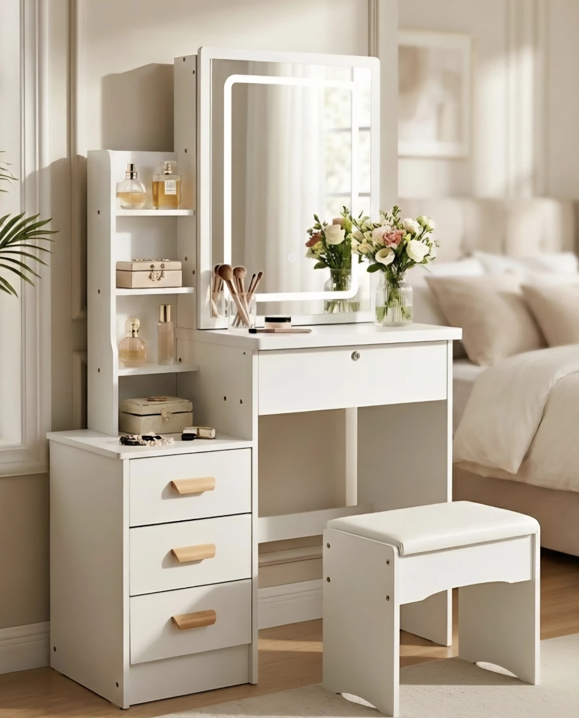White Vanity Makeup Table with Lighted Mirror & Stool