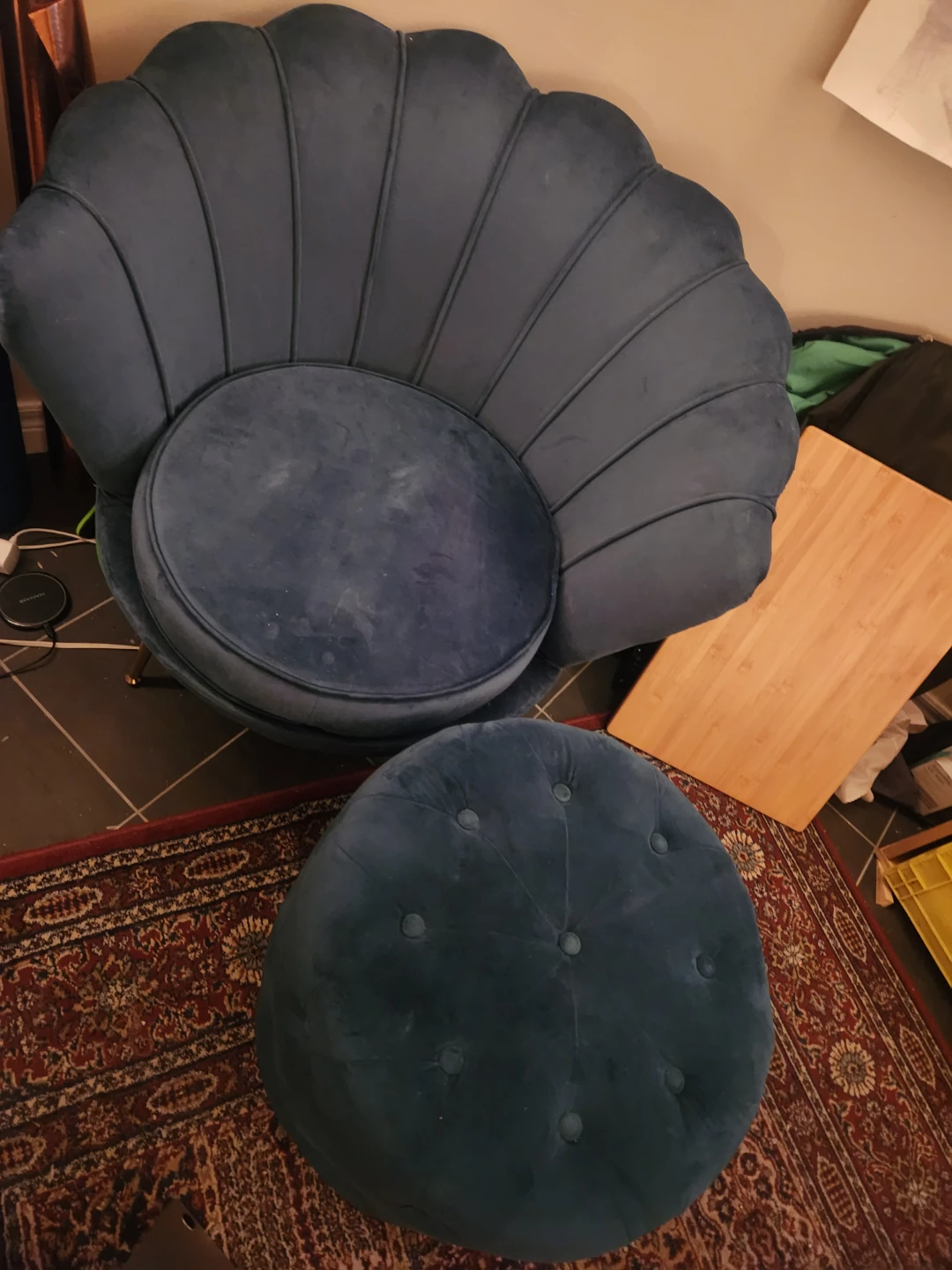 Green Velvet Shell Chair & Ottoman