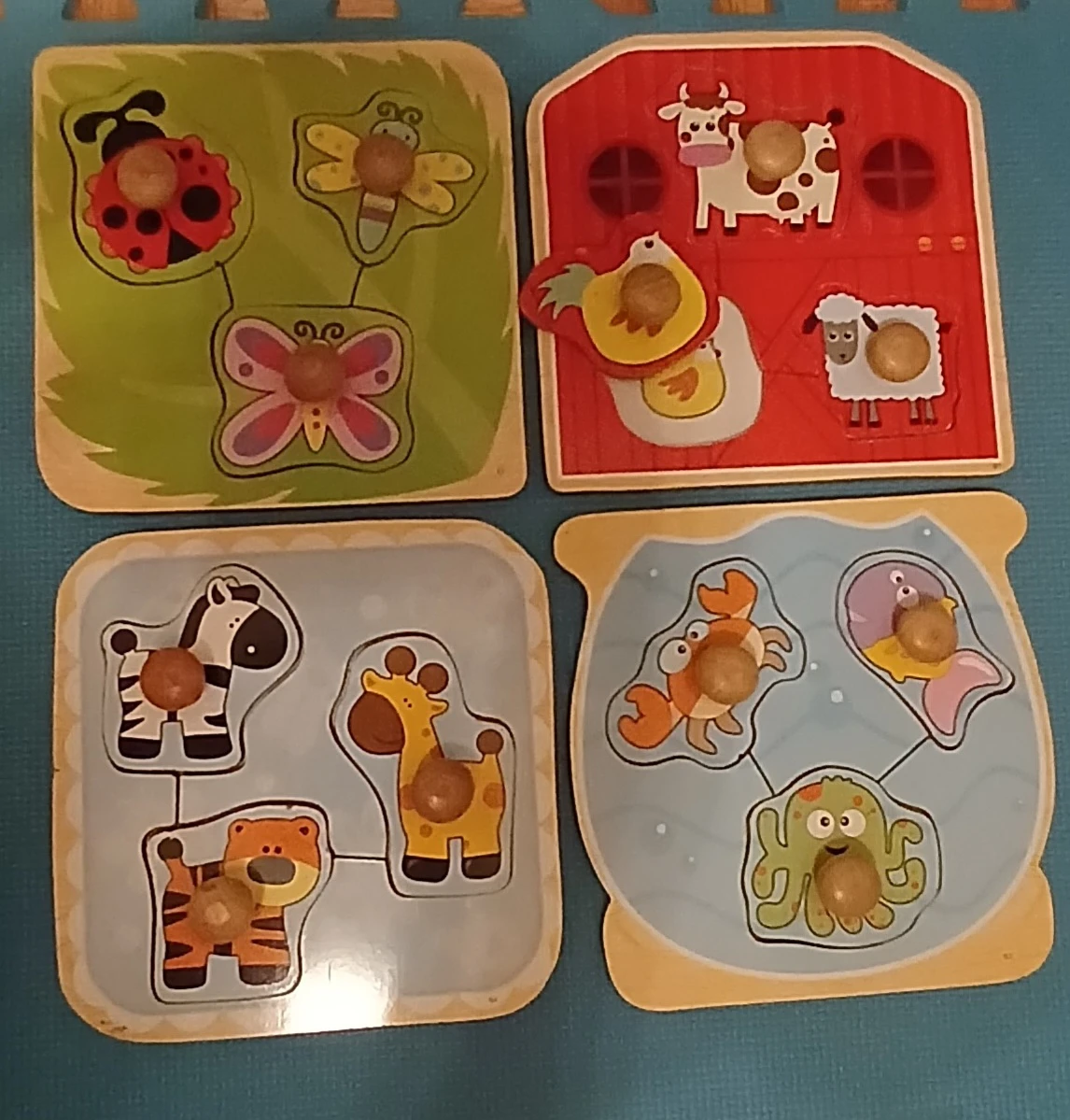 4 Wooden Peg Puzzles - Farm, Safari, Bugs, and Ocean Animals
