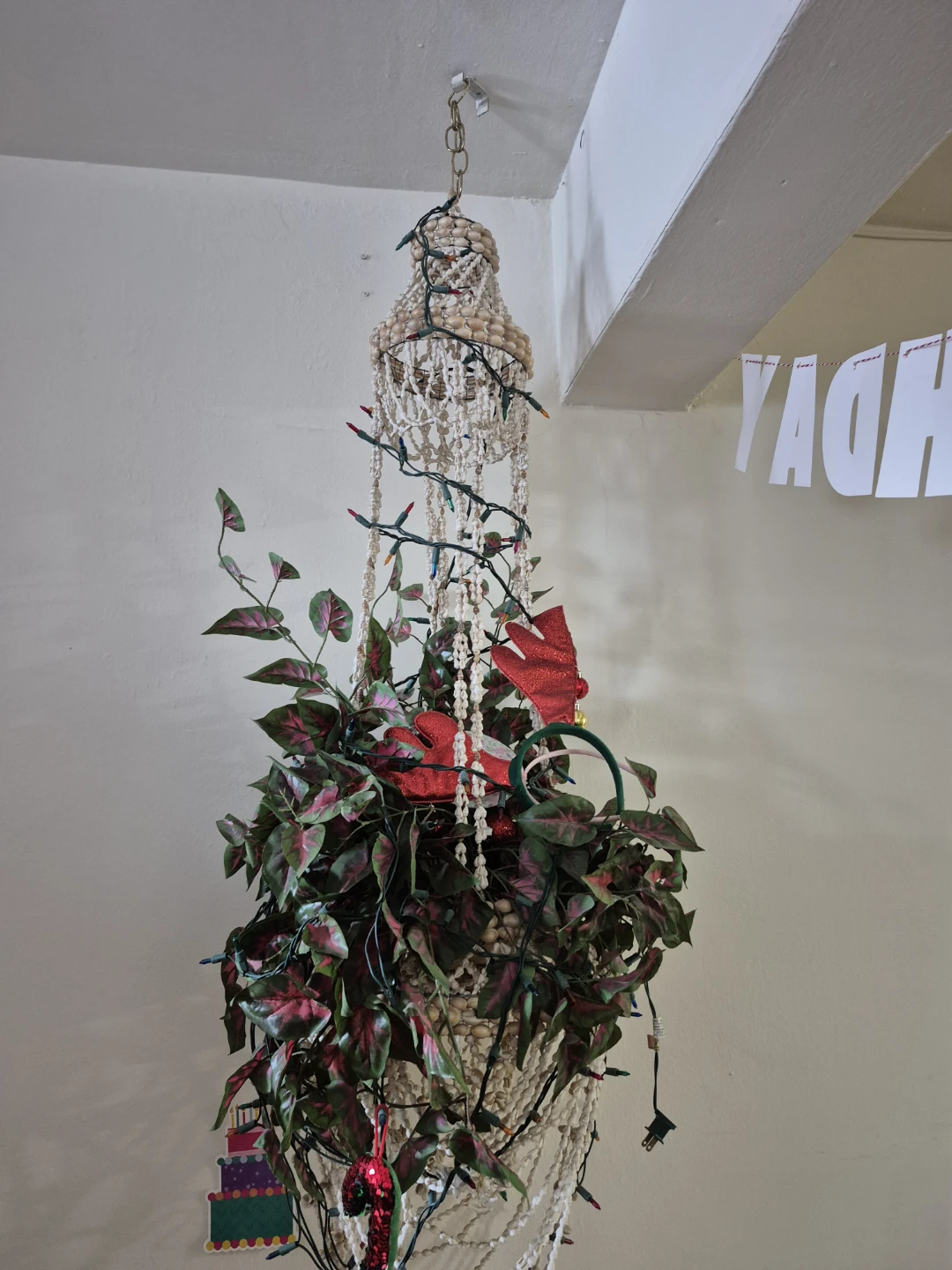 Hanging Planter with Seashell Chandelier and Lights