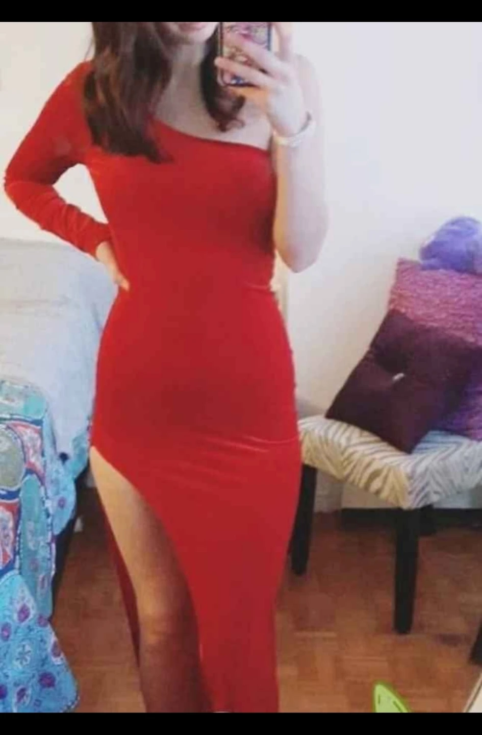 Red One-Shoulder Velour Maxi Dress