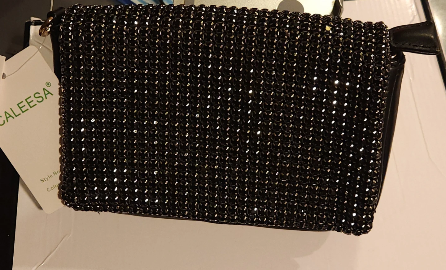 Caleesa Black Embellished Clutch Purse with Gold Chain Strap
