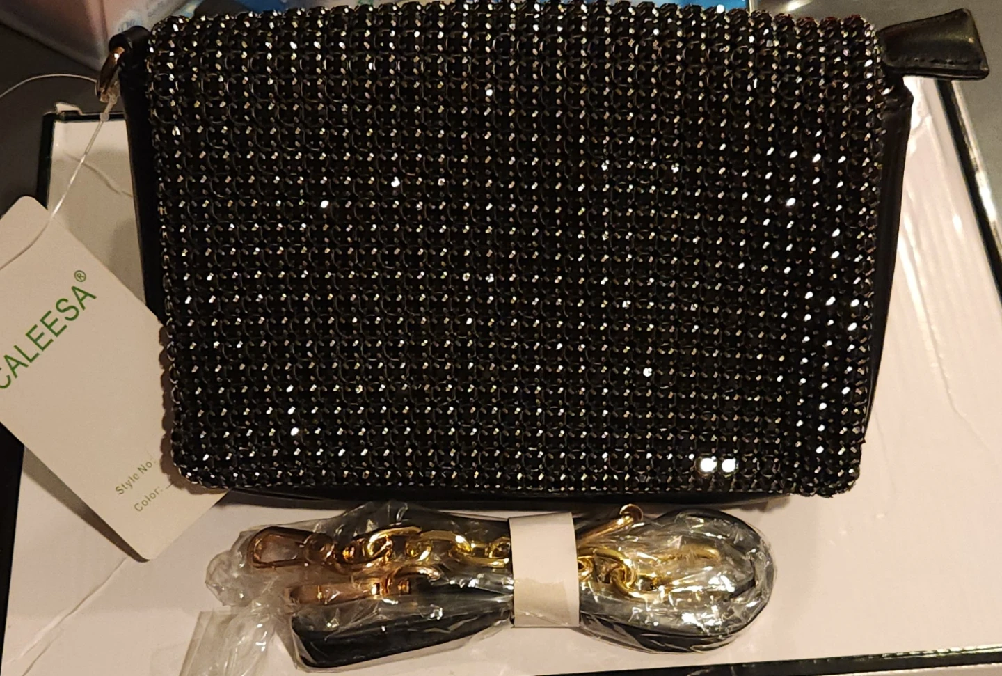Caleesa Black Embellished Clutch Purse with Gold Chain Strap - photo 3