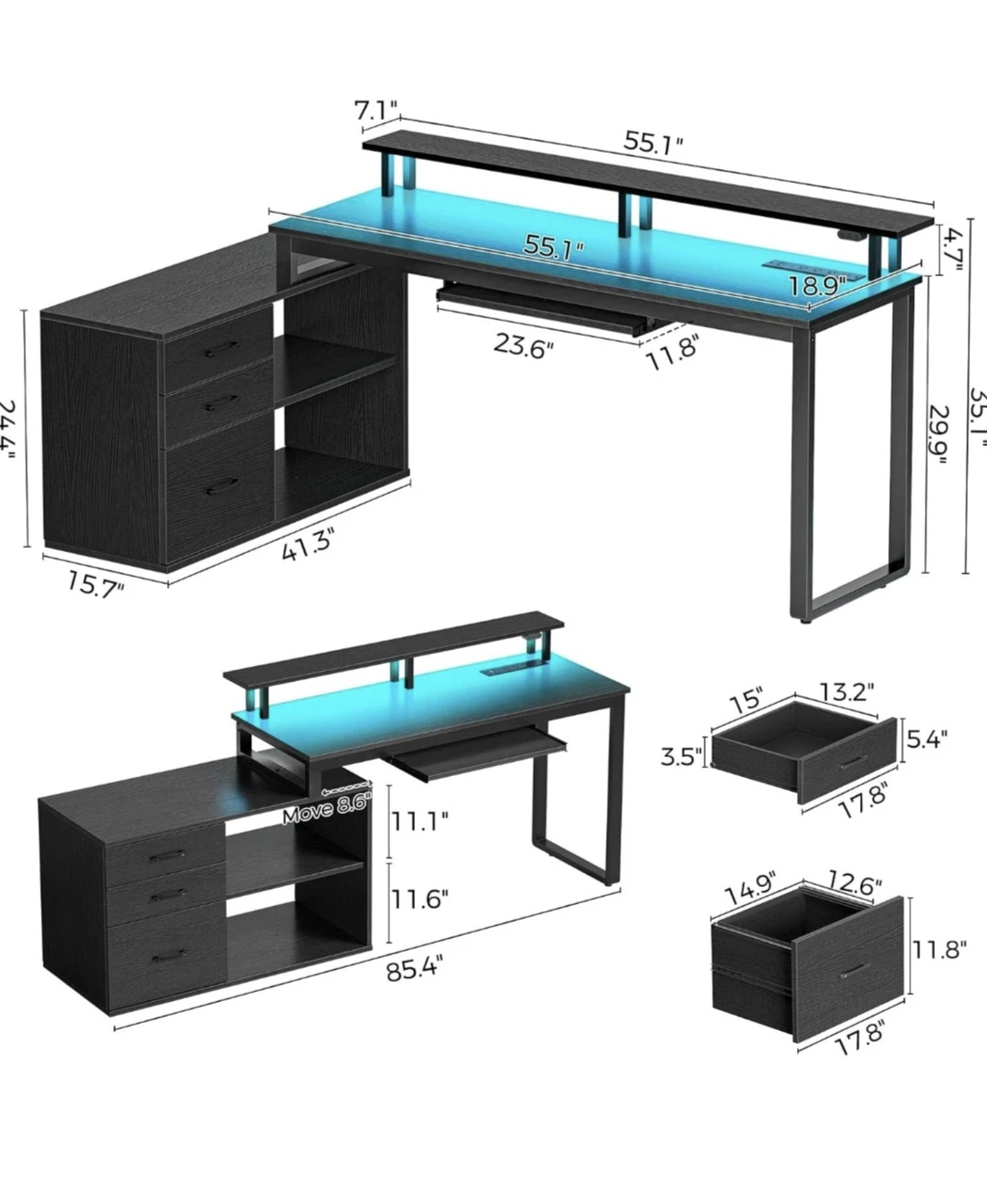 Black L-Shaped Gaming Desk with LED Lights - photo 4