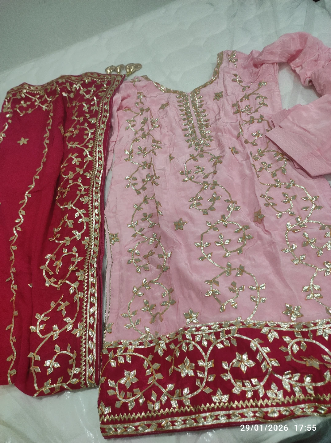 Pink and Red Embroidered  Suit