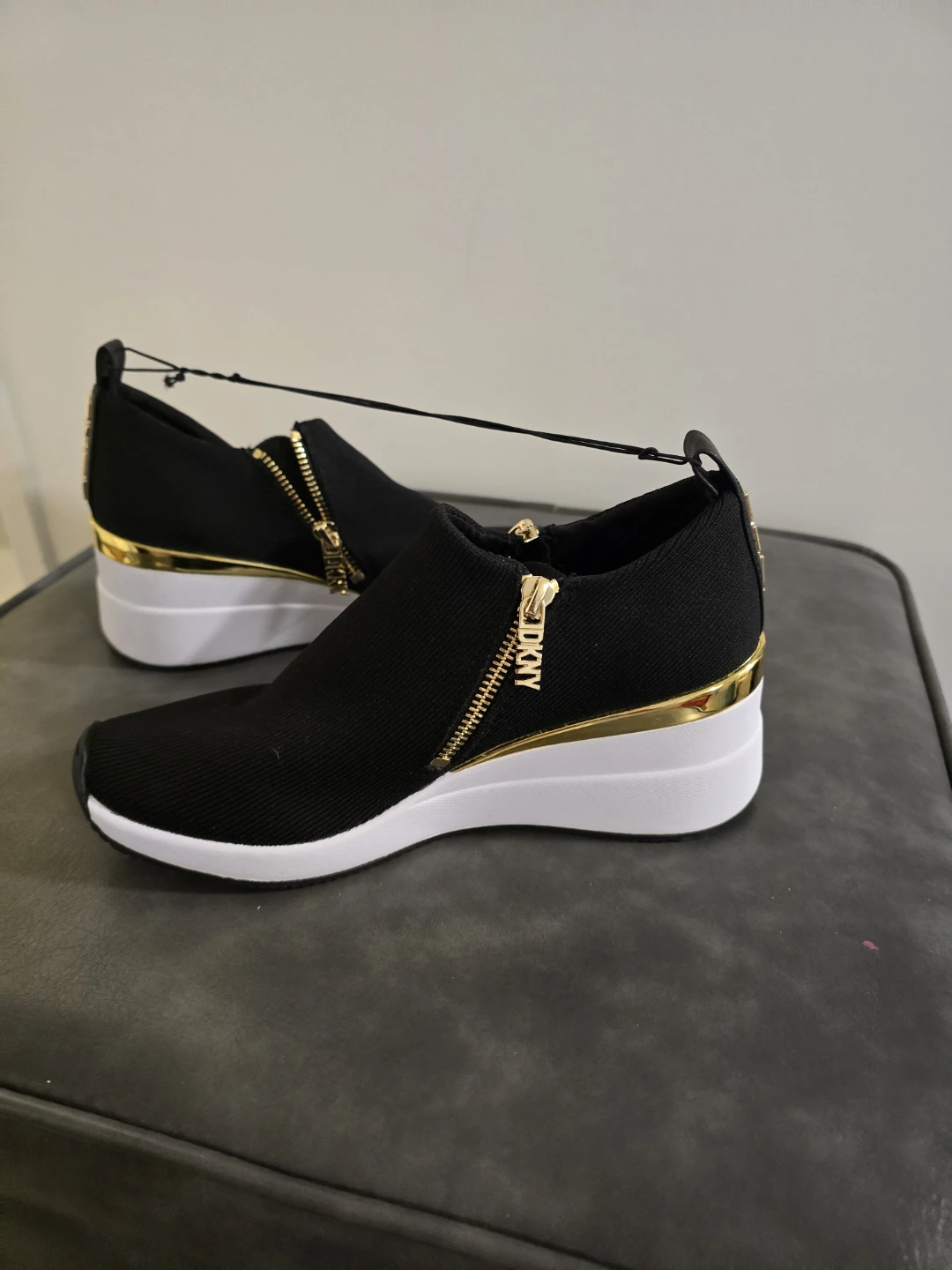 DKNY Black Wedge Sneakers with Gold Zipper Accent - photo 4