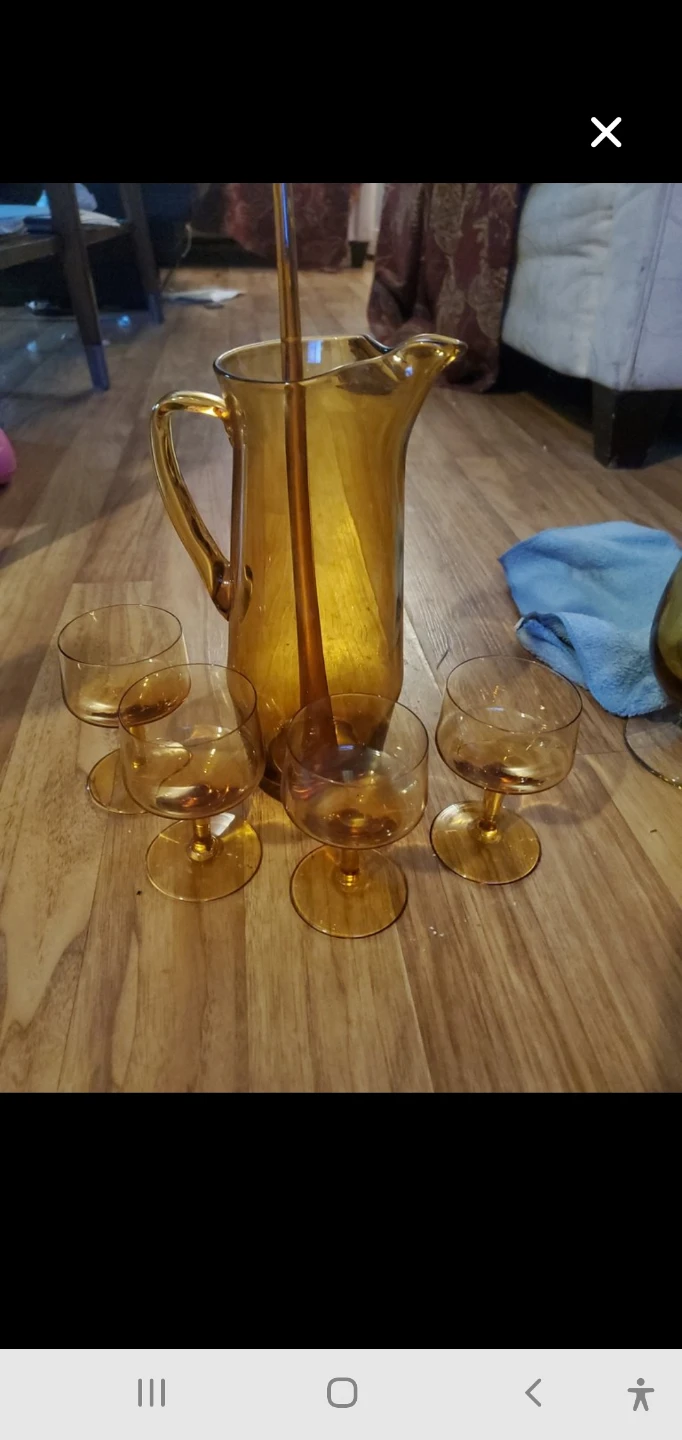 Vintage Amber Glass Pitcher & 6 Glasses