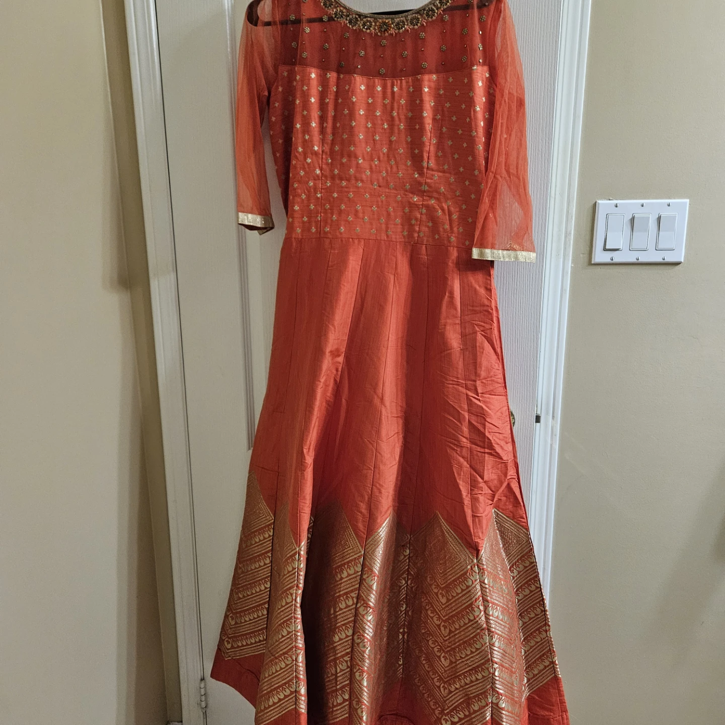 Orange Anarkali Dress with Gold Embellishments
