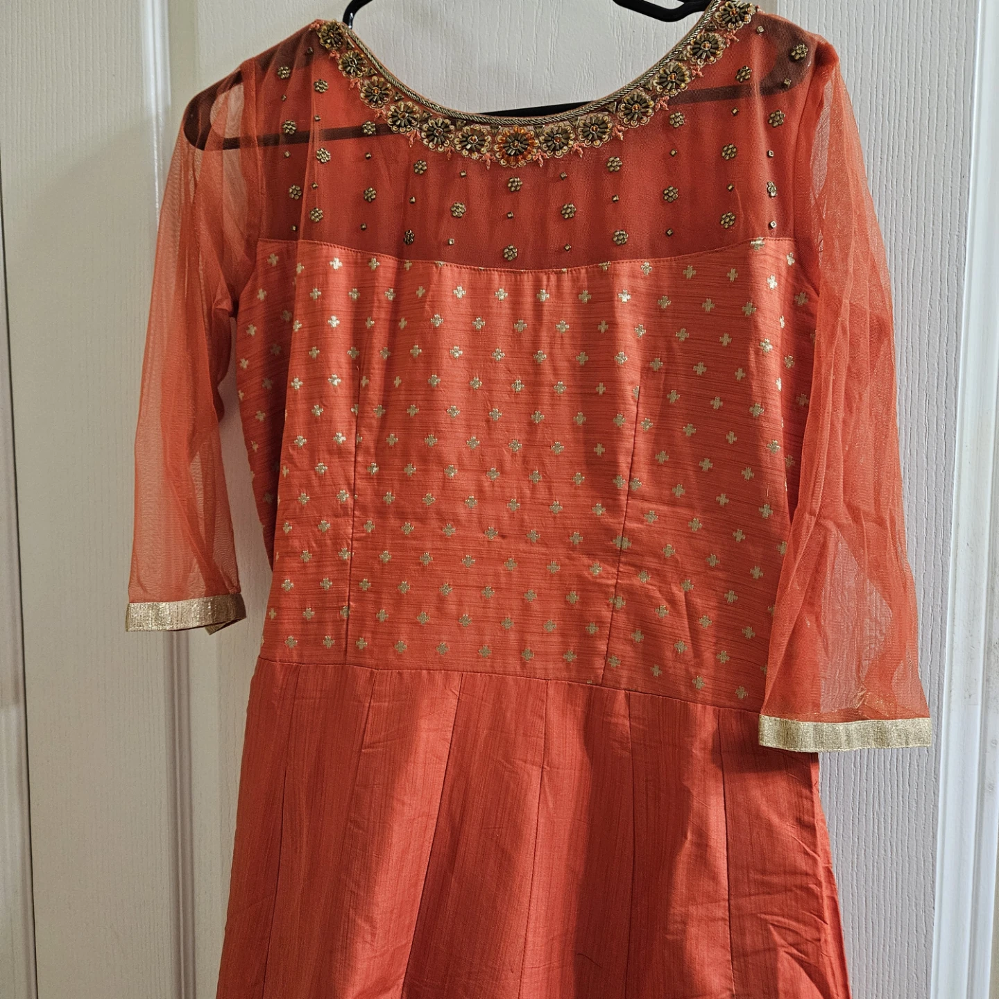 Orange Anarkali Dress with Gold Embellishments - photo 3