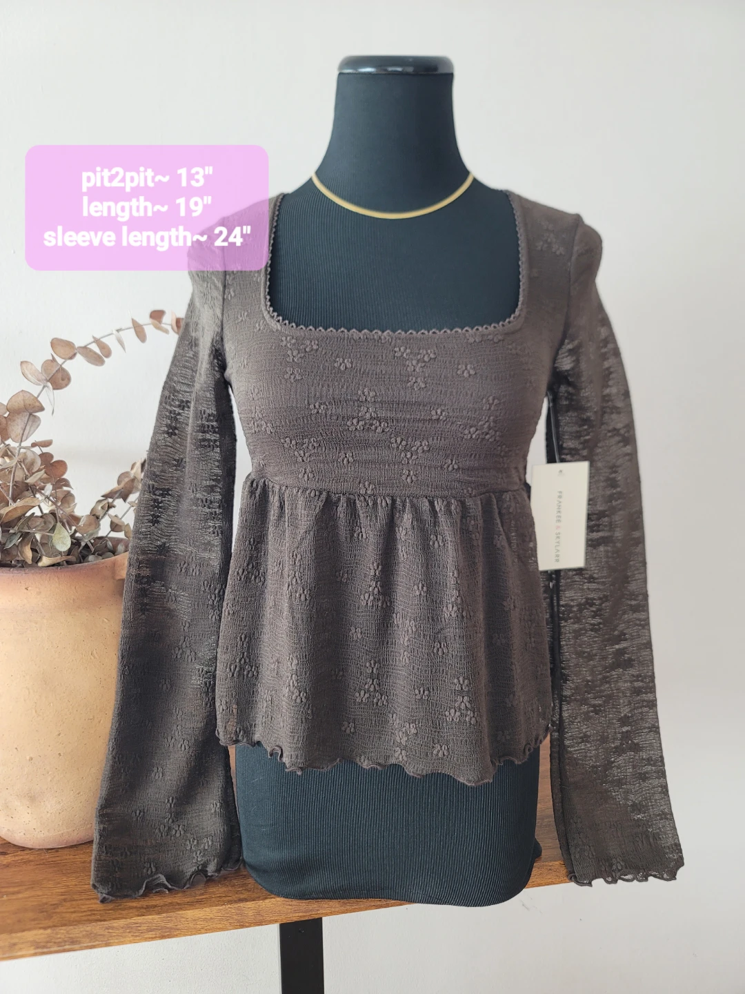 Chocolate Brown Sheer Peplum Floral Square Neck Sz M NWT Boho