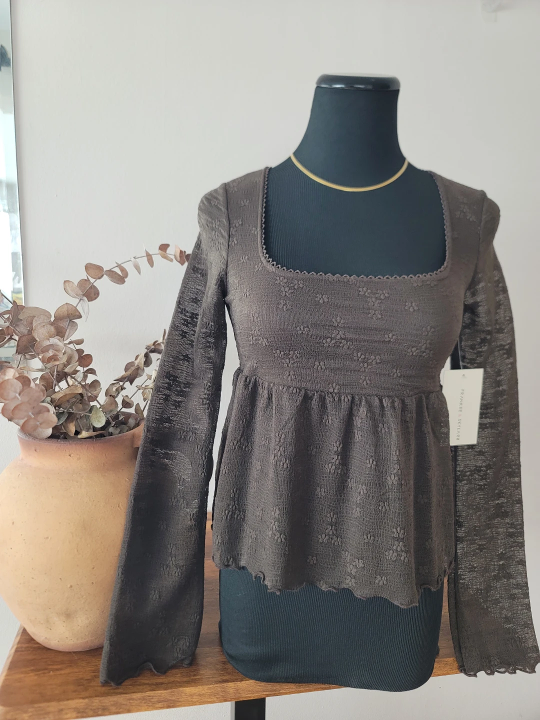 Chocolate Brown Sheer Peplum Floral Square Neck Sz M NWT Boho - photo 3