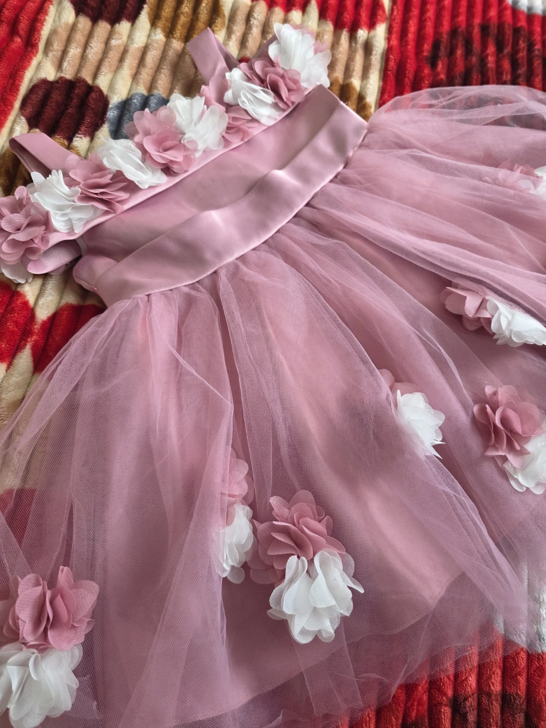 Pink Tulle Dress with Flower Embellishments and Bow - photo 2