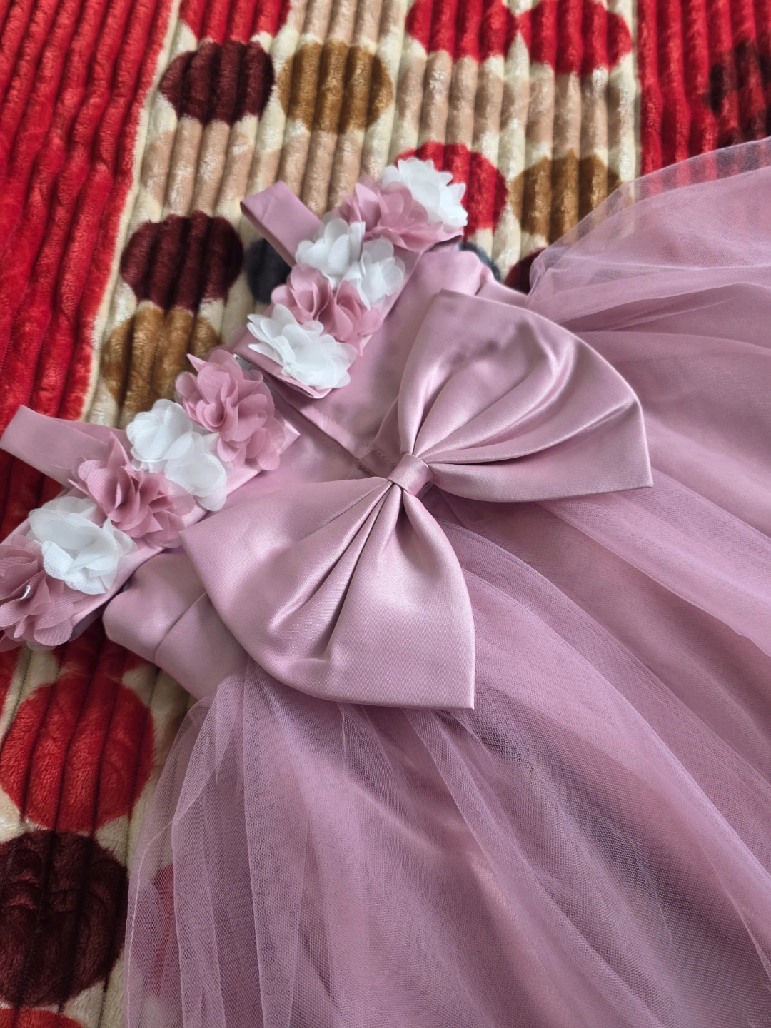 Pink Tulle Dress with Flower Embellishments and Bow - photo 3