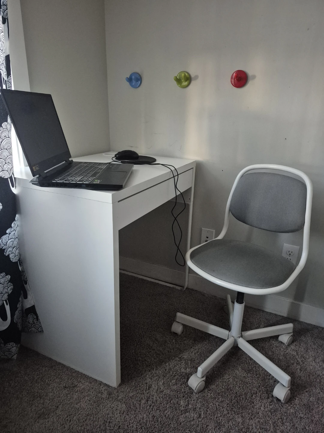 IKEA White Desk and Grey Chair Set.