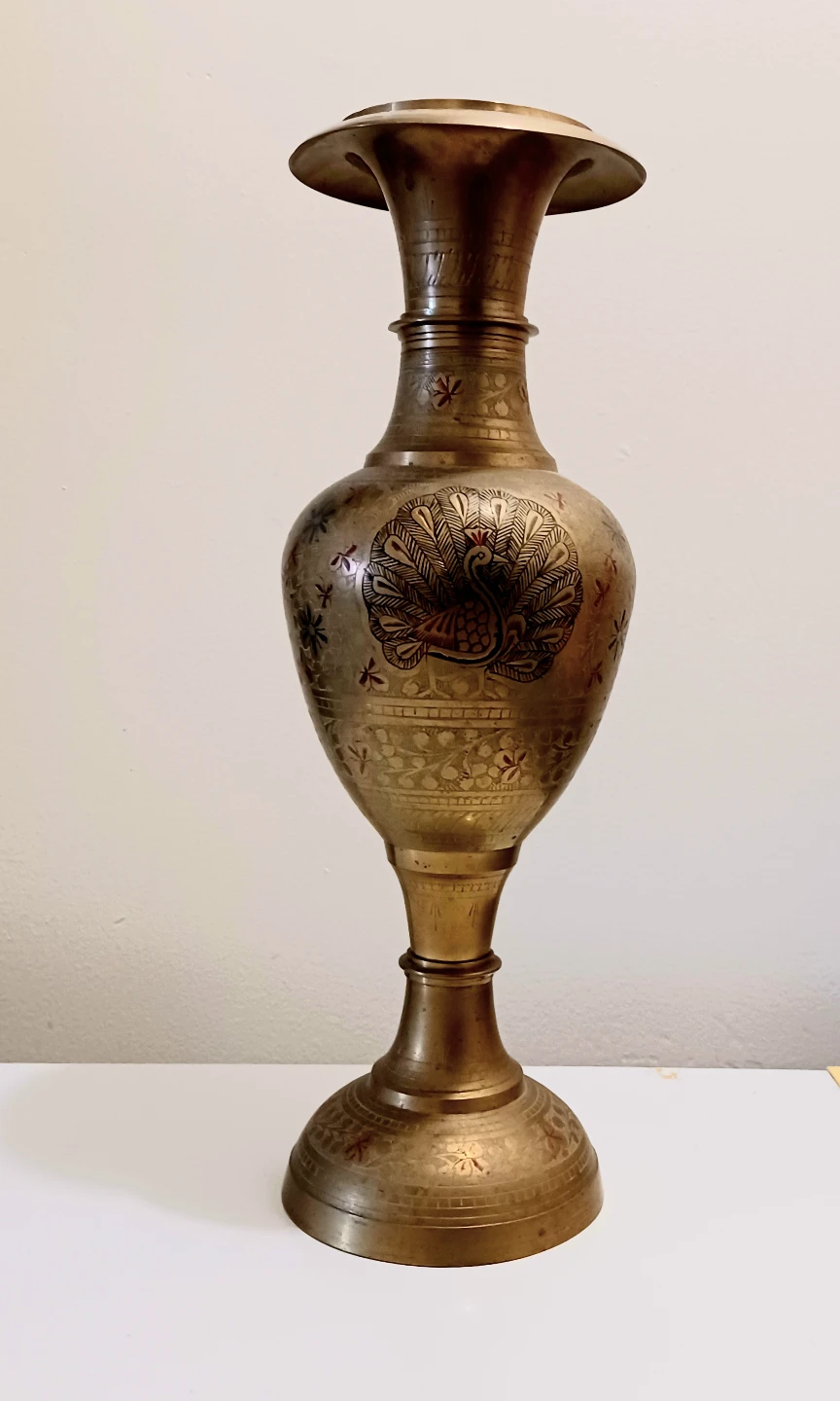 Vtg Tall Etched Brass Peacocks Vase