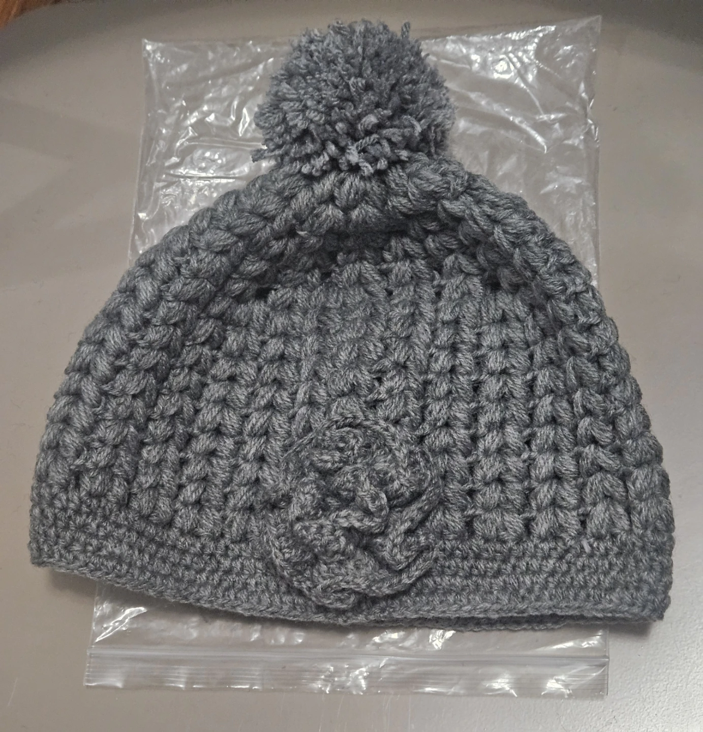 Gray Crochet Knit Beanie with Pom Pom