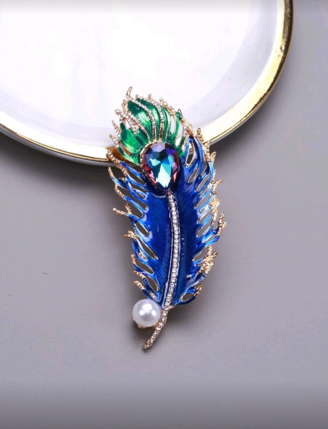 Peacock Feather Rhinestone Brooch - photo 5